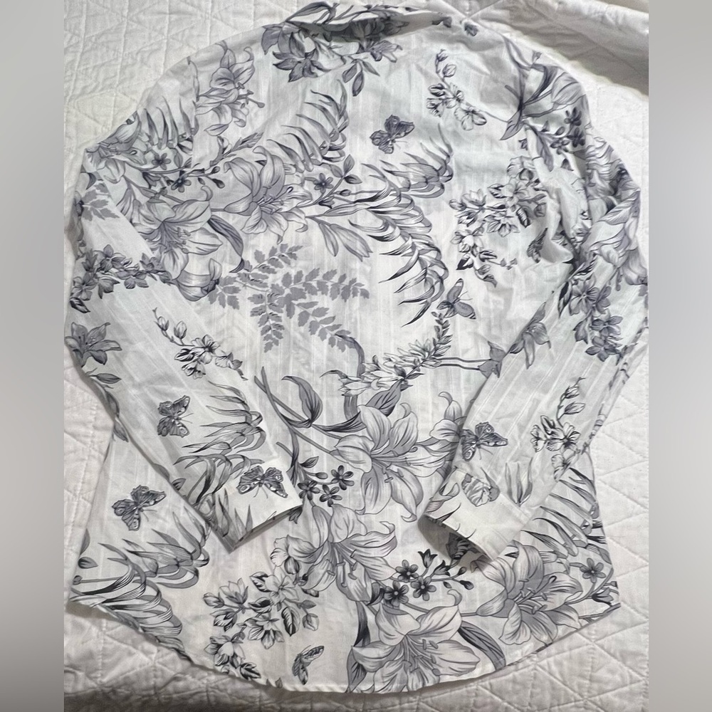 Tahari White Black Gray Floral Long Sleeve Button Up Blouse Linen Feel Size S - Picture 5 of 9